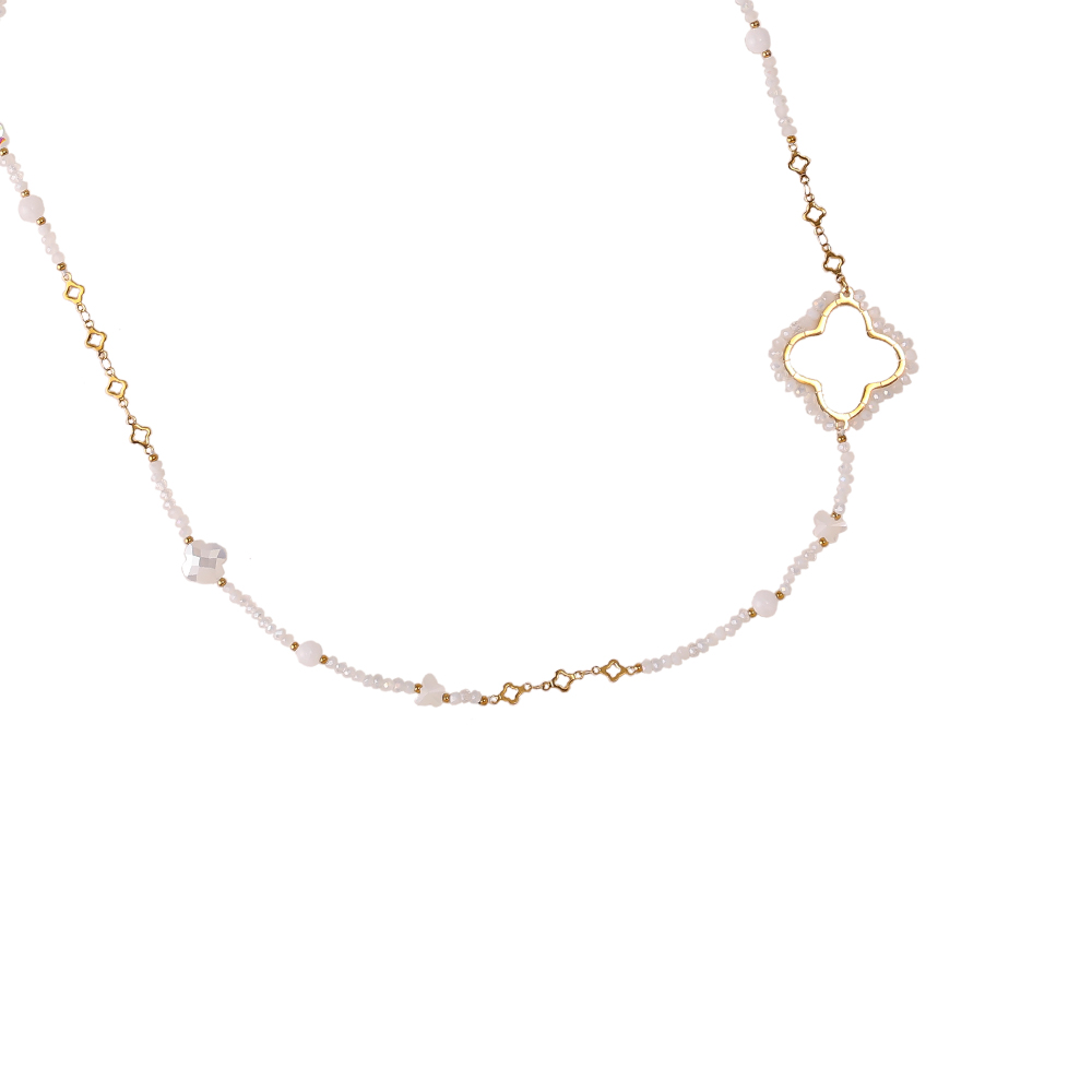 96cm Kleeblatt und Kristallen Edelstahl Halskette    