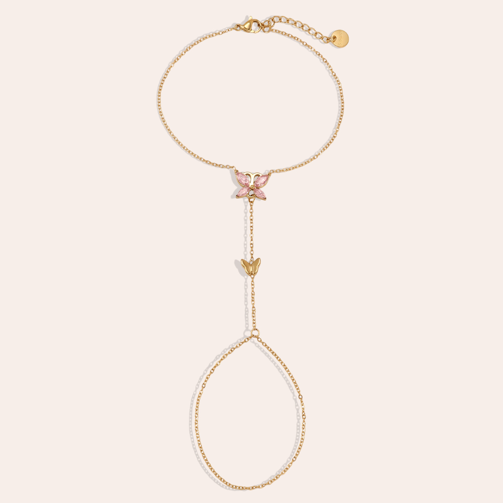 16cm Rosa Zirkonia Schmetterling Handkette Edelstahl Armband    