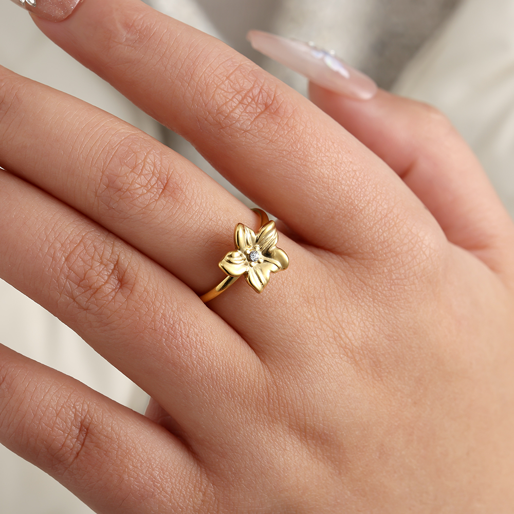 Flower With Diamond Edelstahl Ring       
