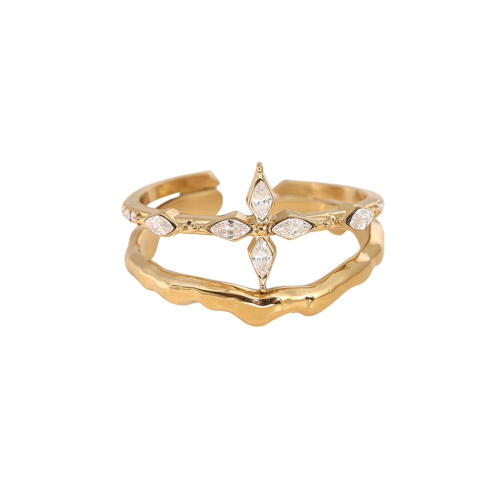 Verstellbarer zweilagige Kreuz Blumen mit Zirkonia Doppel Edelstahl Ring     
