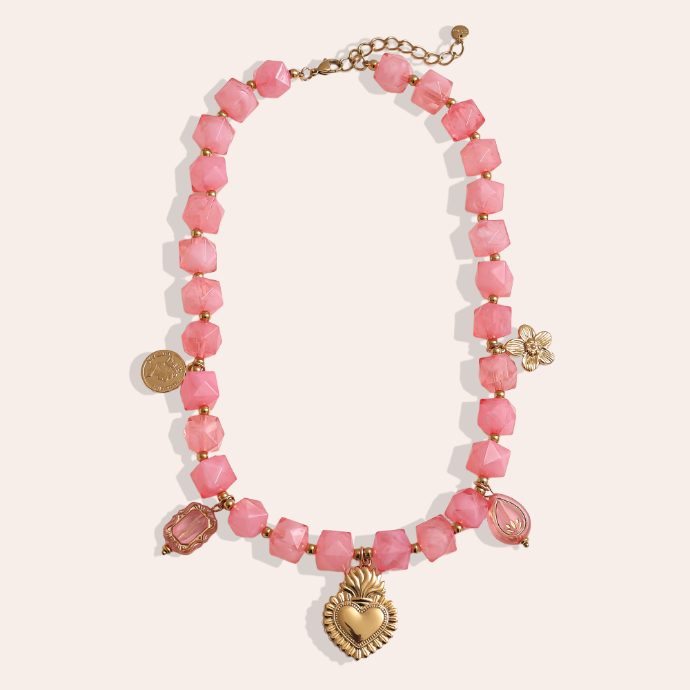 45cm Kettchen mit kleinen Acrylwürfeln und goldenen Blume, Herz Edelstahl Halskette  