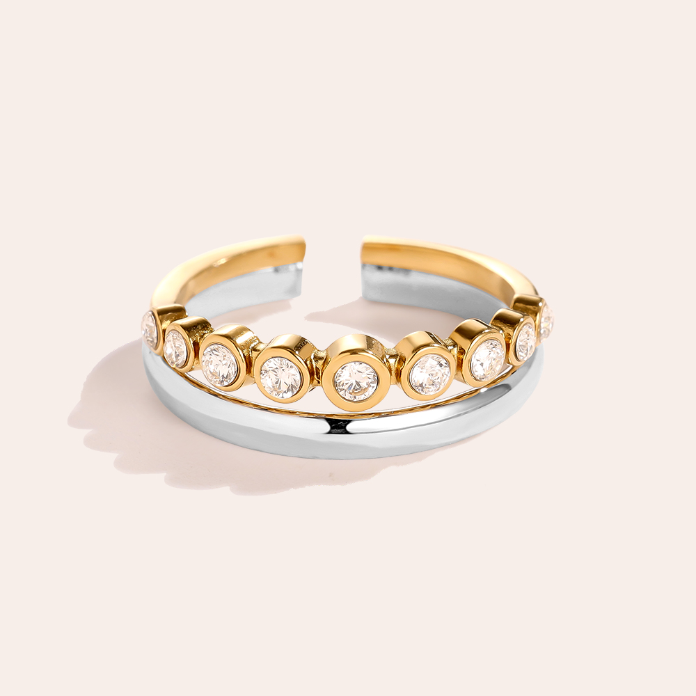 Fancy Two Layer Diamond Dots Edelstahl Ring   