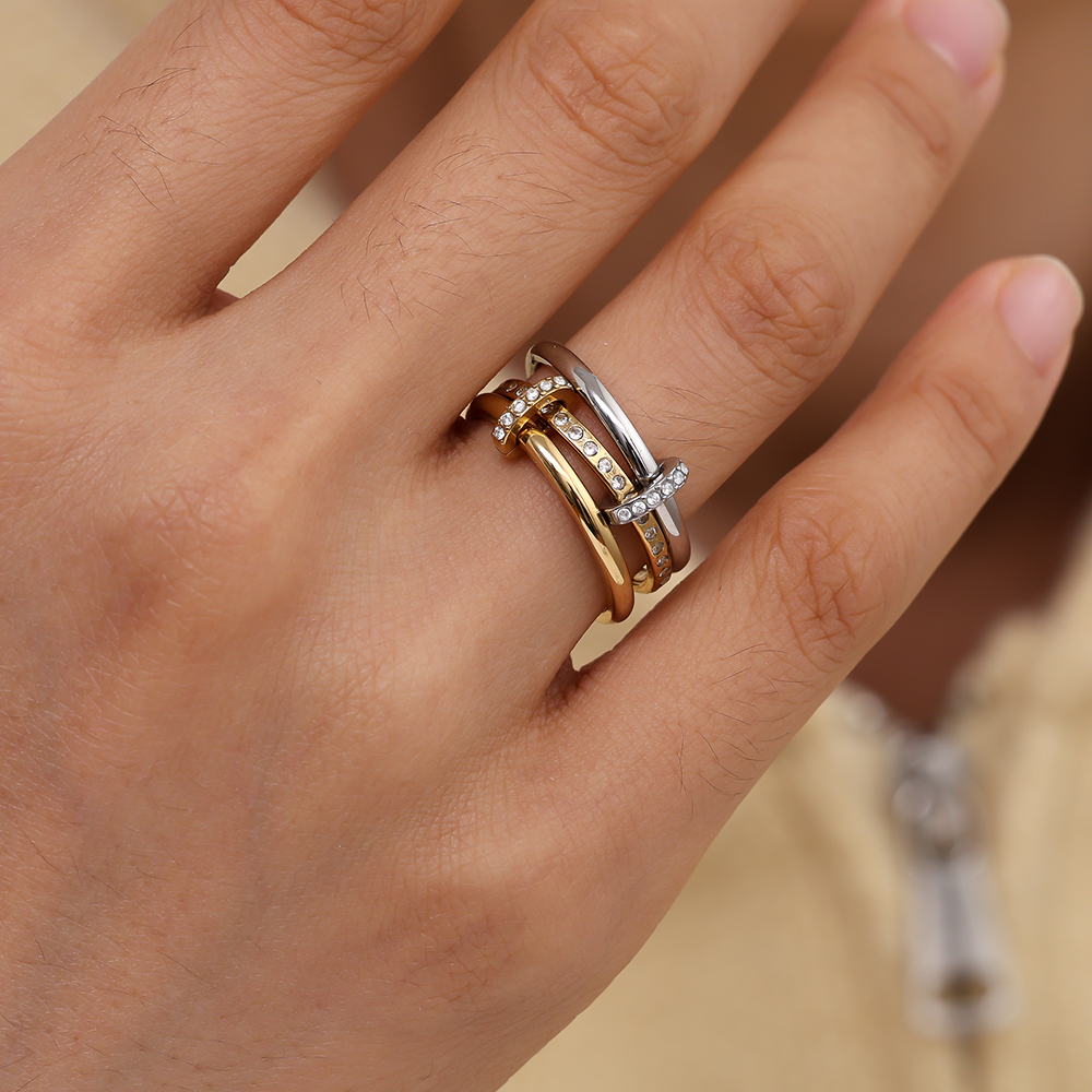 Three Layer Gold And Silver Diamond Ring Set With Lock Edelstahl Ring         