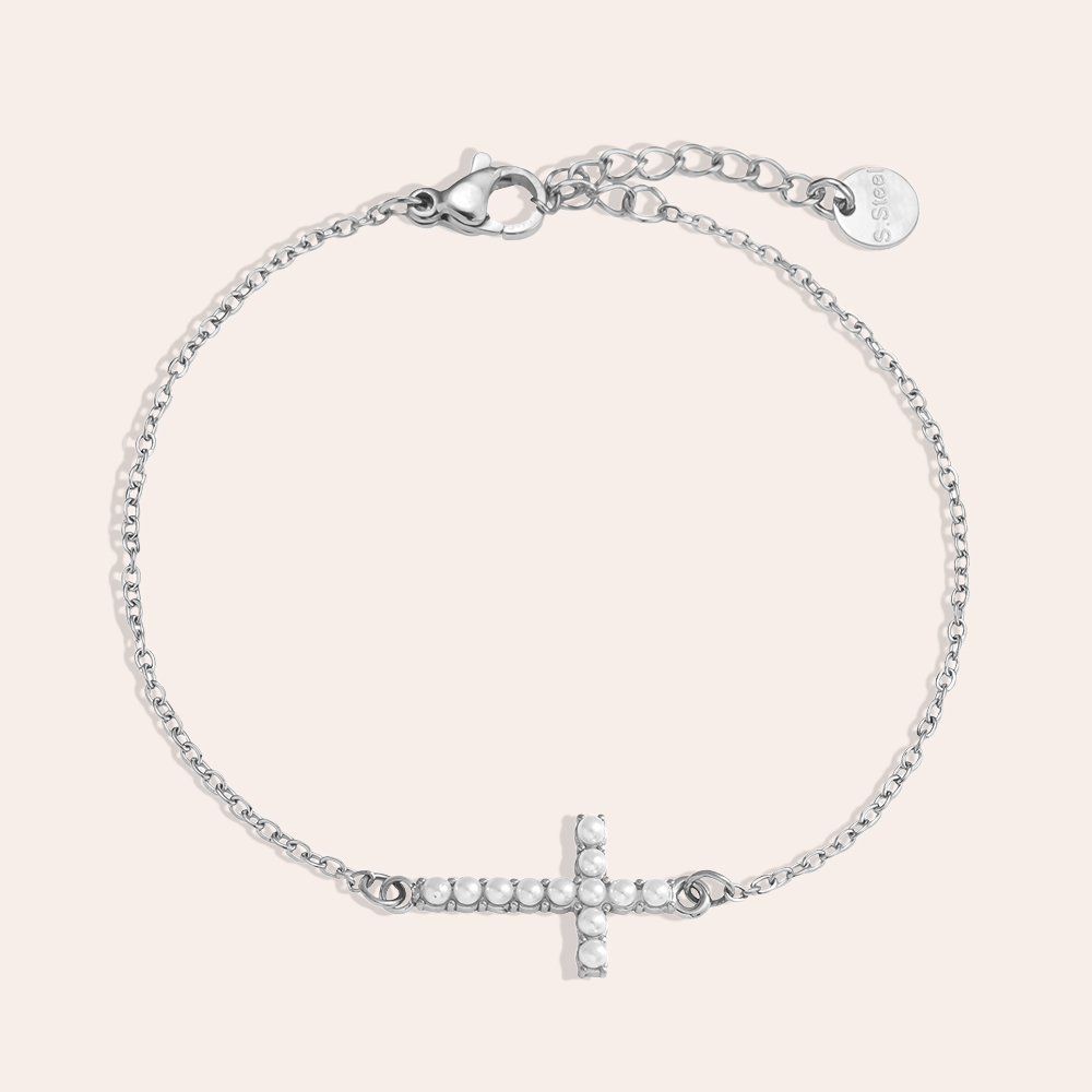 17cm Perlenkreuz Edelstahl Armkette        