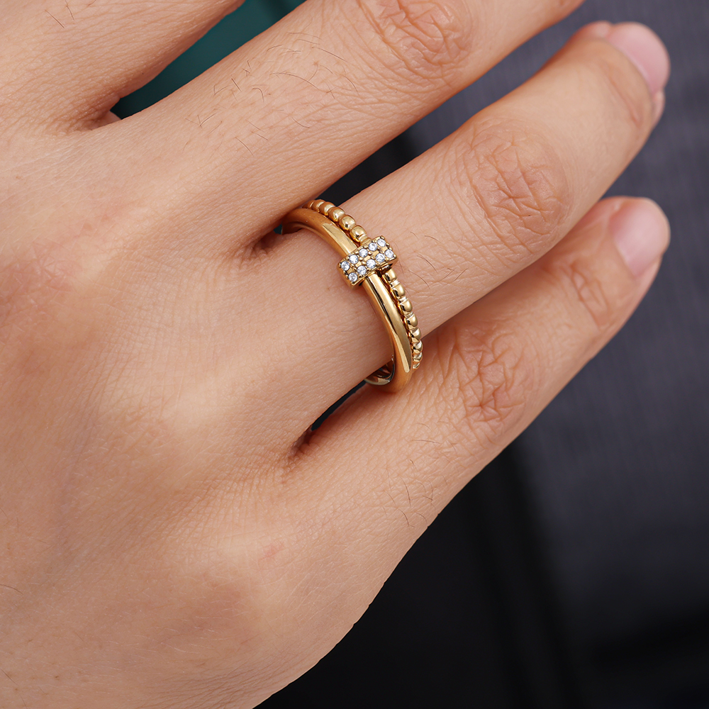 Verstellbarer doppellagiger Zirkonia Edelstahl Ring    