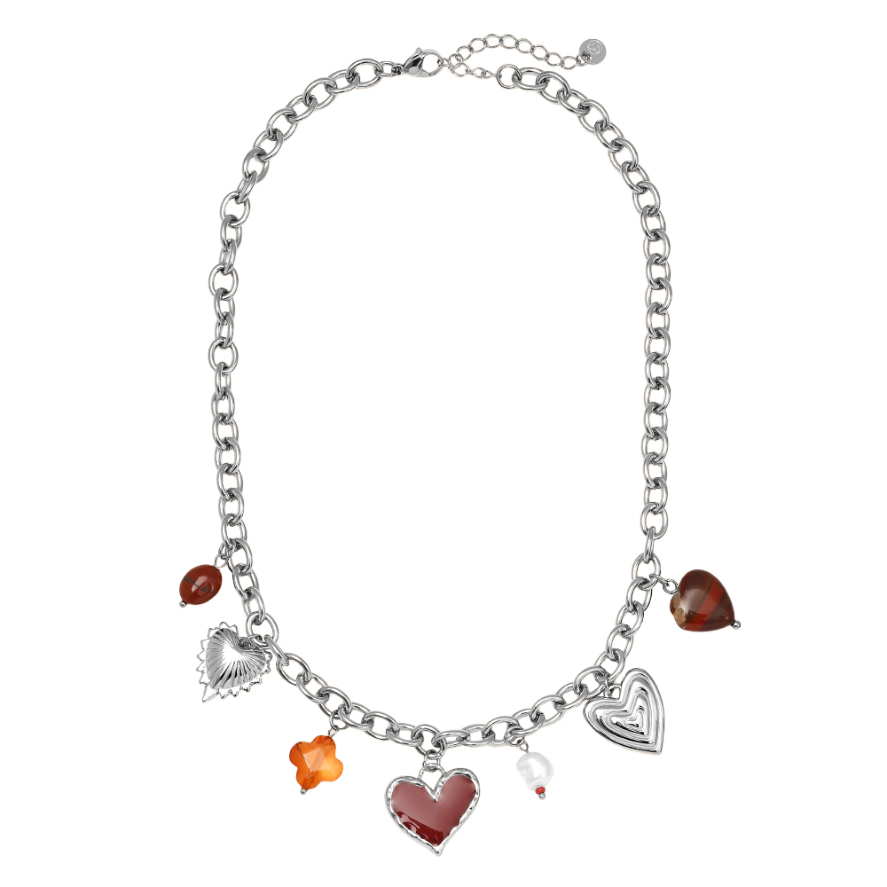 40cm Red Heart And Charms Edelstahl Halskette      