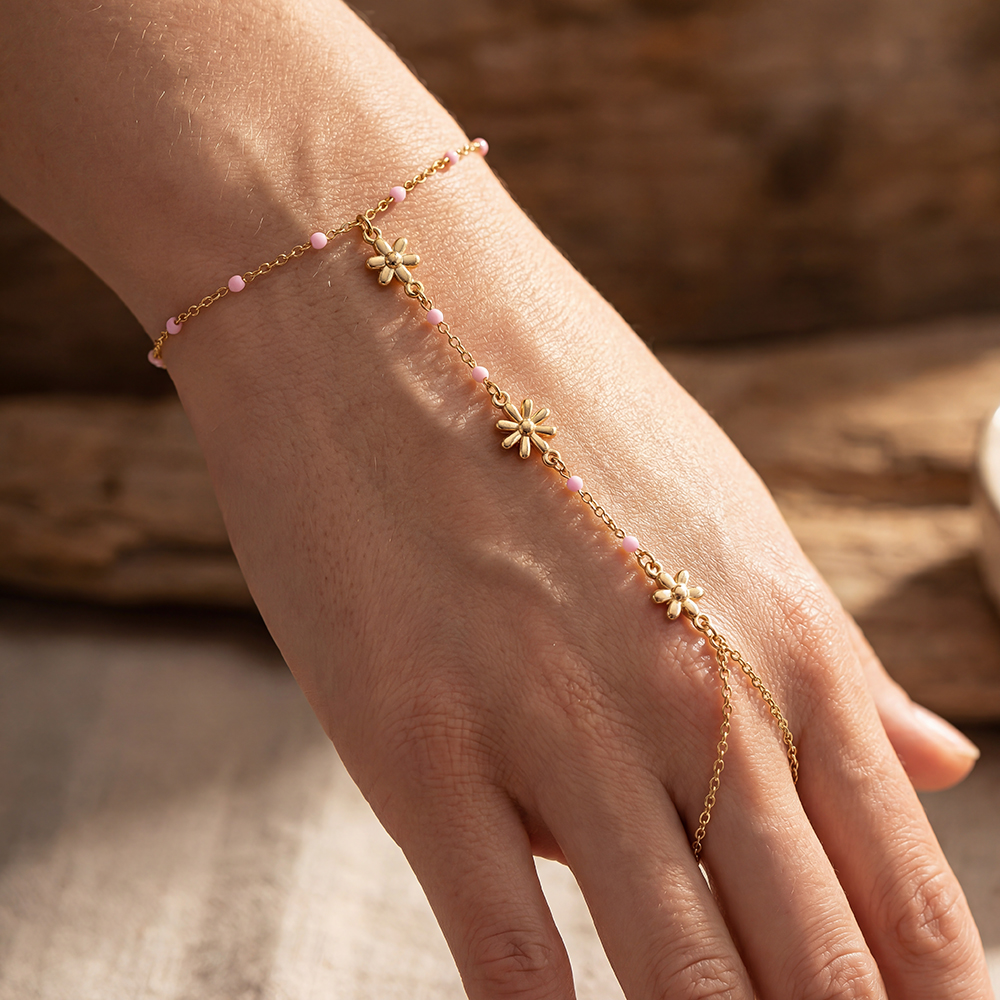 17cm Blume und kleine rosa Perlen Handkette Edelstahl Armband     