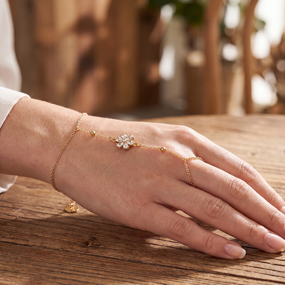 17cm Zirkonia Blume Handkette Edelstahl Armband    