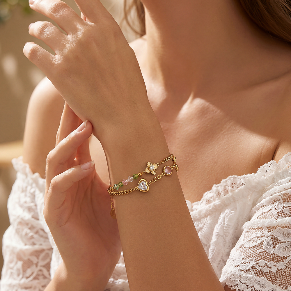 Edelstahl Armband 17cm Herz und Blume