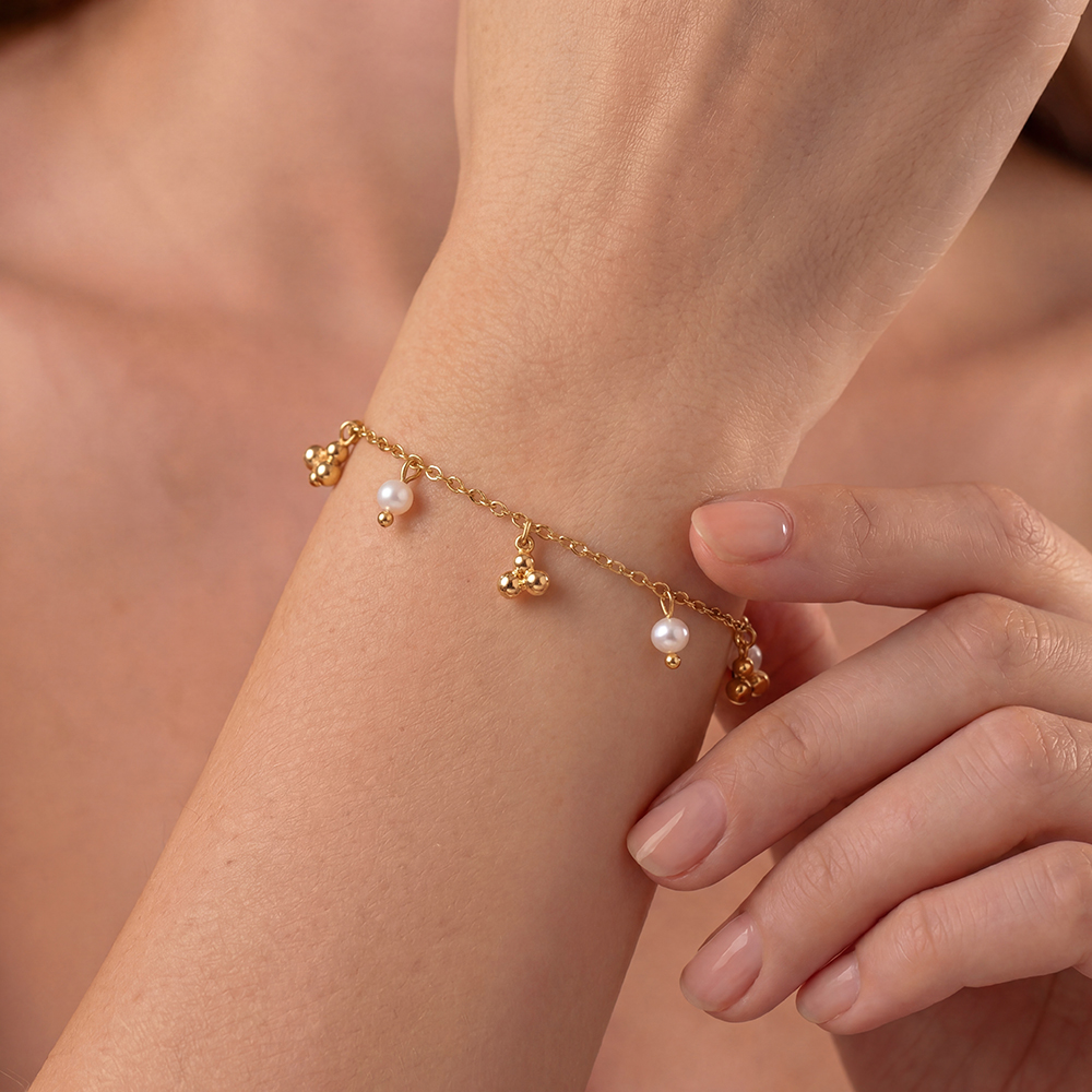 Edelstahl Armband 17cm Perlen und goldene Punkte
