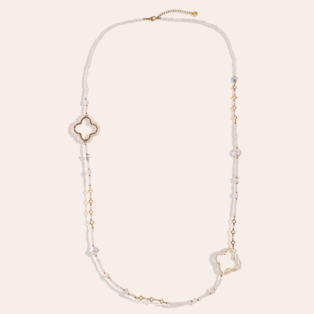 96cm Kleeblatt und Kristallen Edelstahl Halskette    