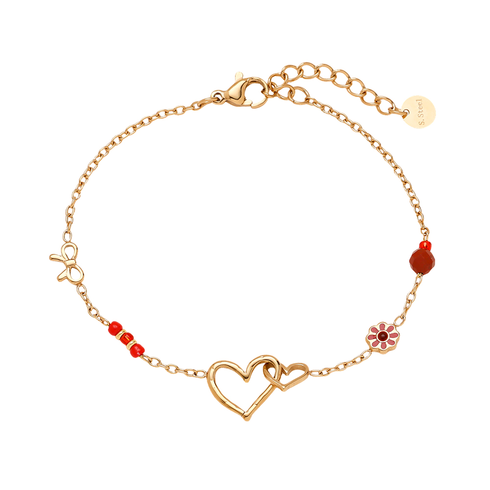 17cm Herz Schleife und rote Blume Edelstahl Armband    