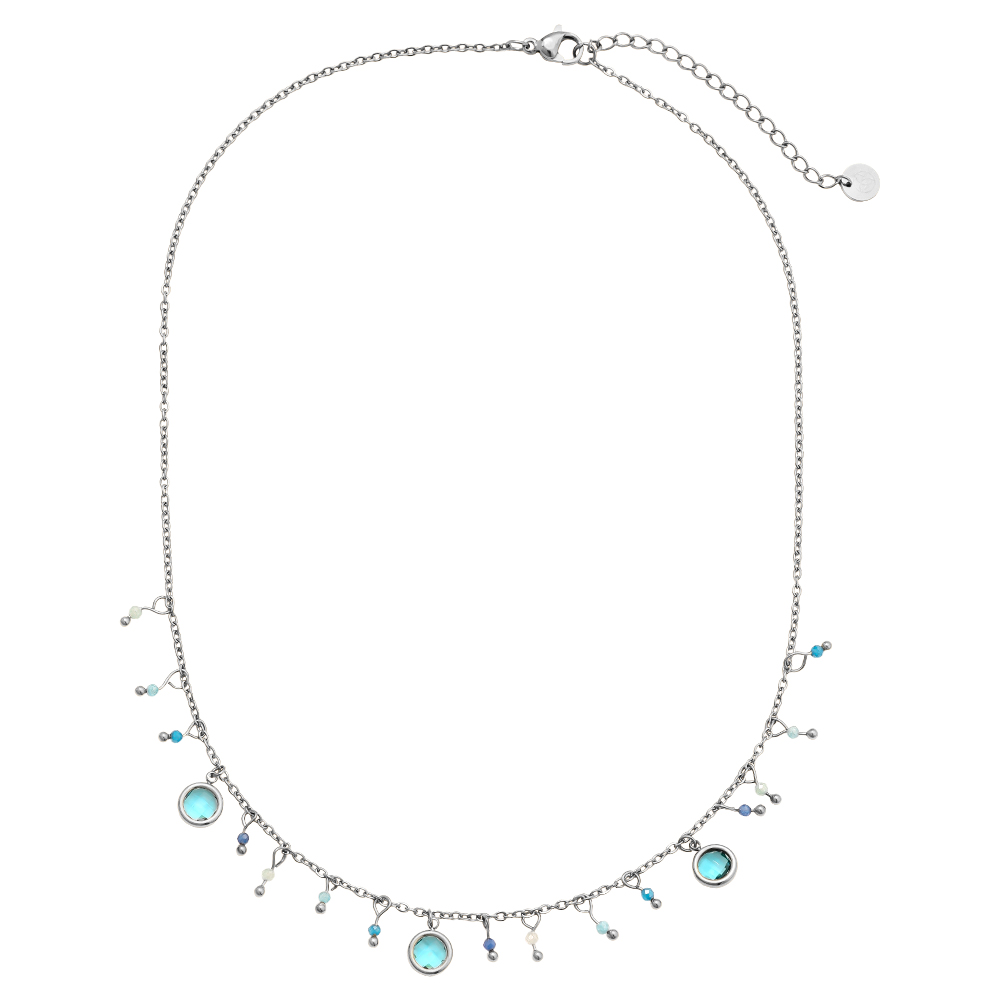 40cm blaue Glasperlen und blaue Kristalle Edelstahl Halskette  
