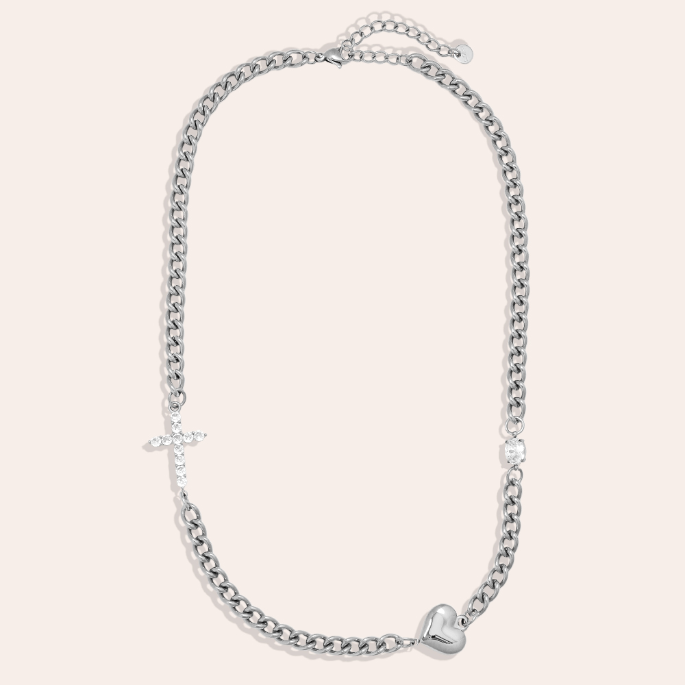 45cm Heart And Diamond Cross Edelstahl Halskette        