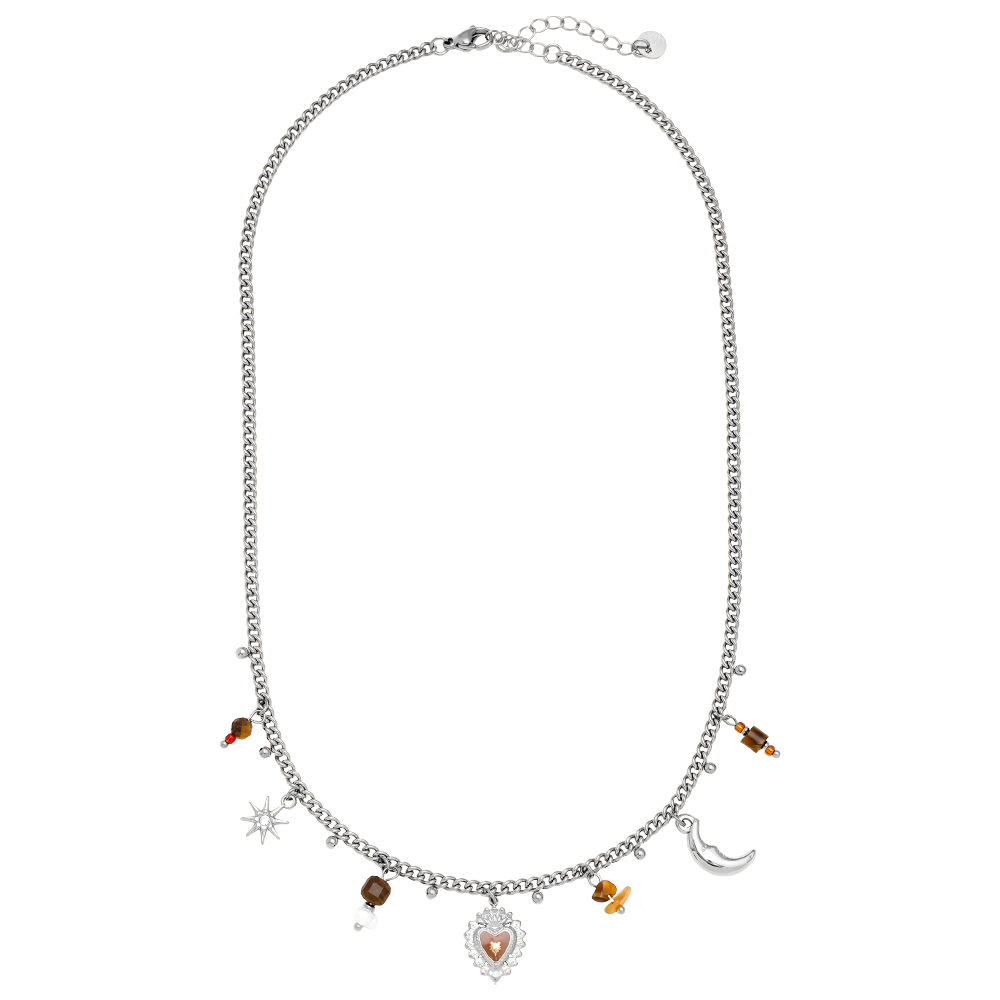 Edelstahl Halskette 42cm Natural Stone And Charms