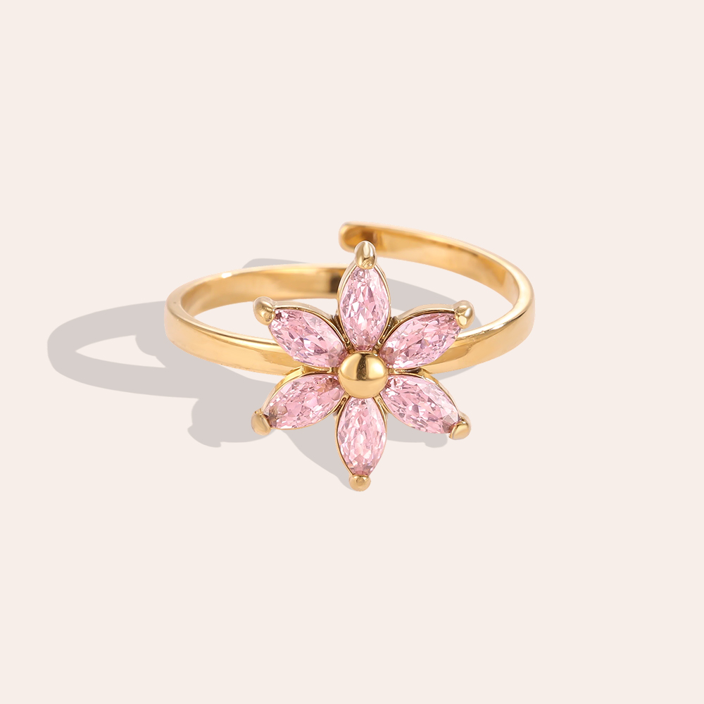 Edelstahl Ring Verstellbarer rosa Zirkonblume