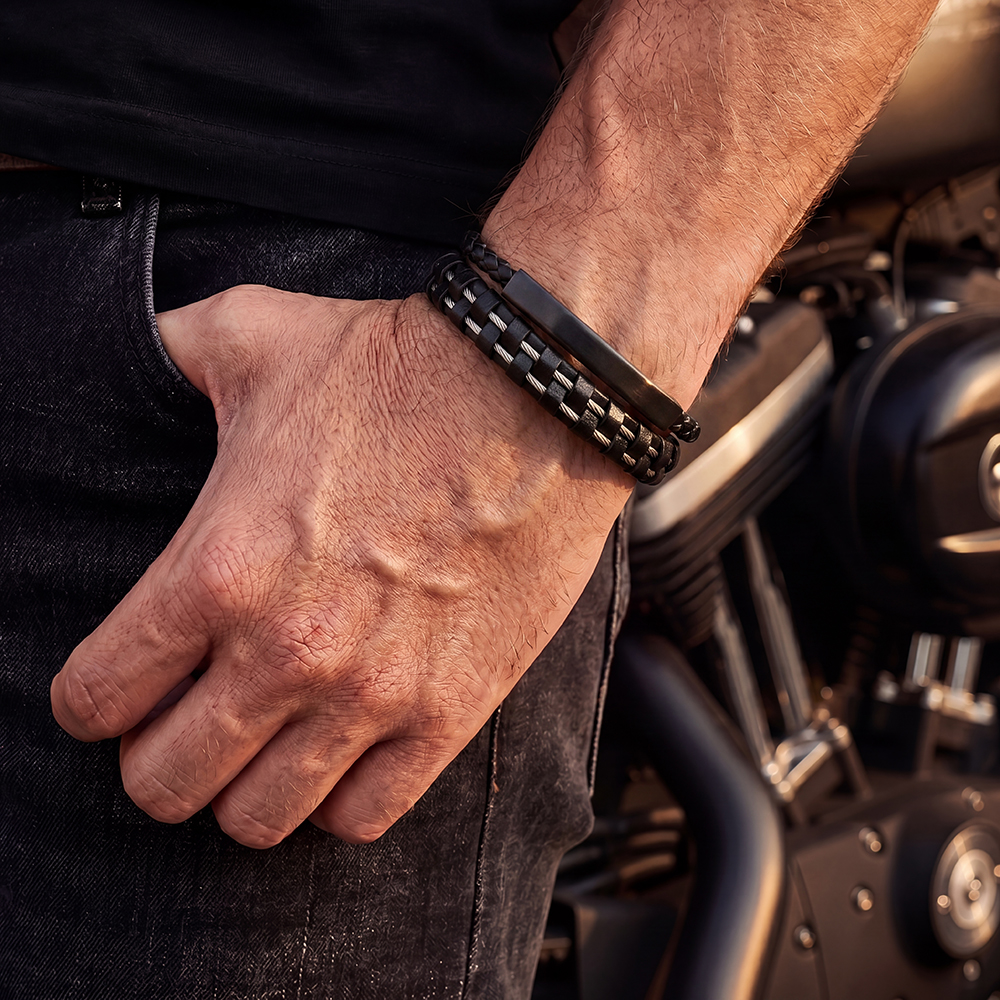  Edelstahl Armband PU Mehrlagig Gewebt 