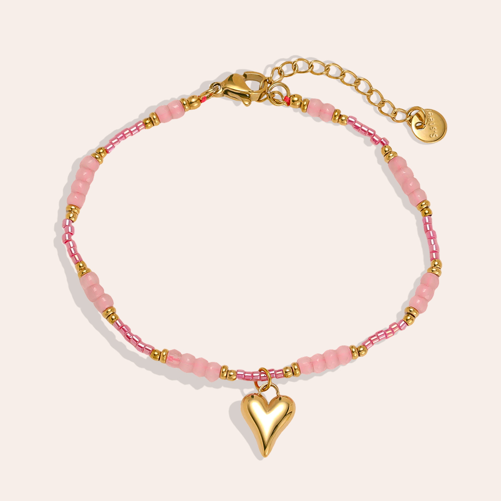 17cm rosa Perlenstrang und Herz Edelstahl Armband   