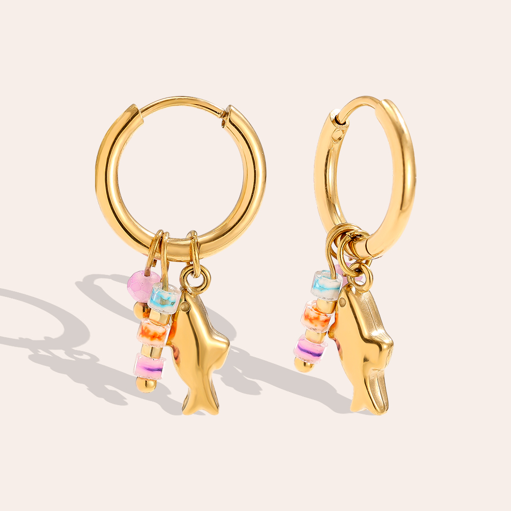 2.6cm Delfin und kleine Perle Edelstahl Ohrringe   