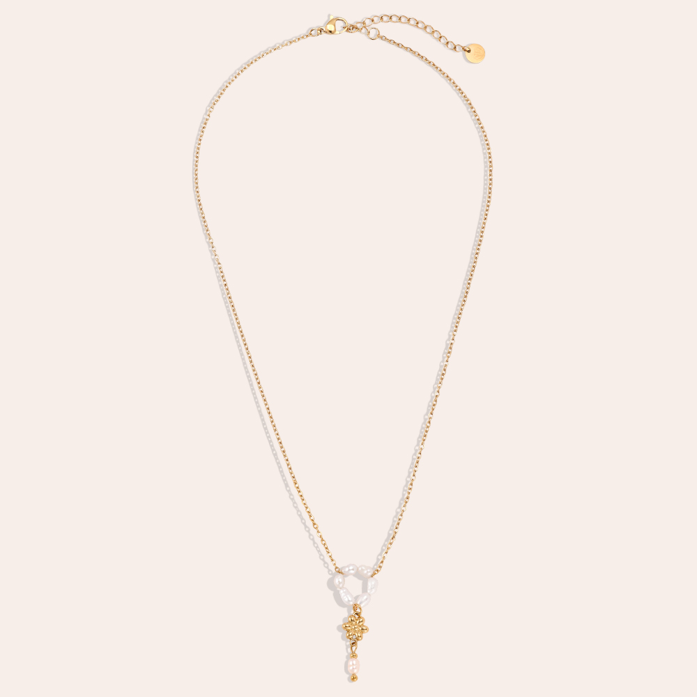 Edelstahl Halskette 42cm Perlenring und goldene Blume