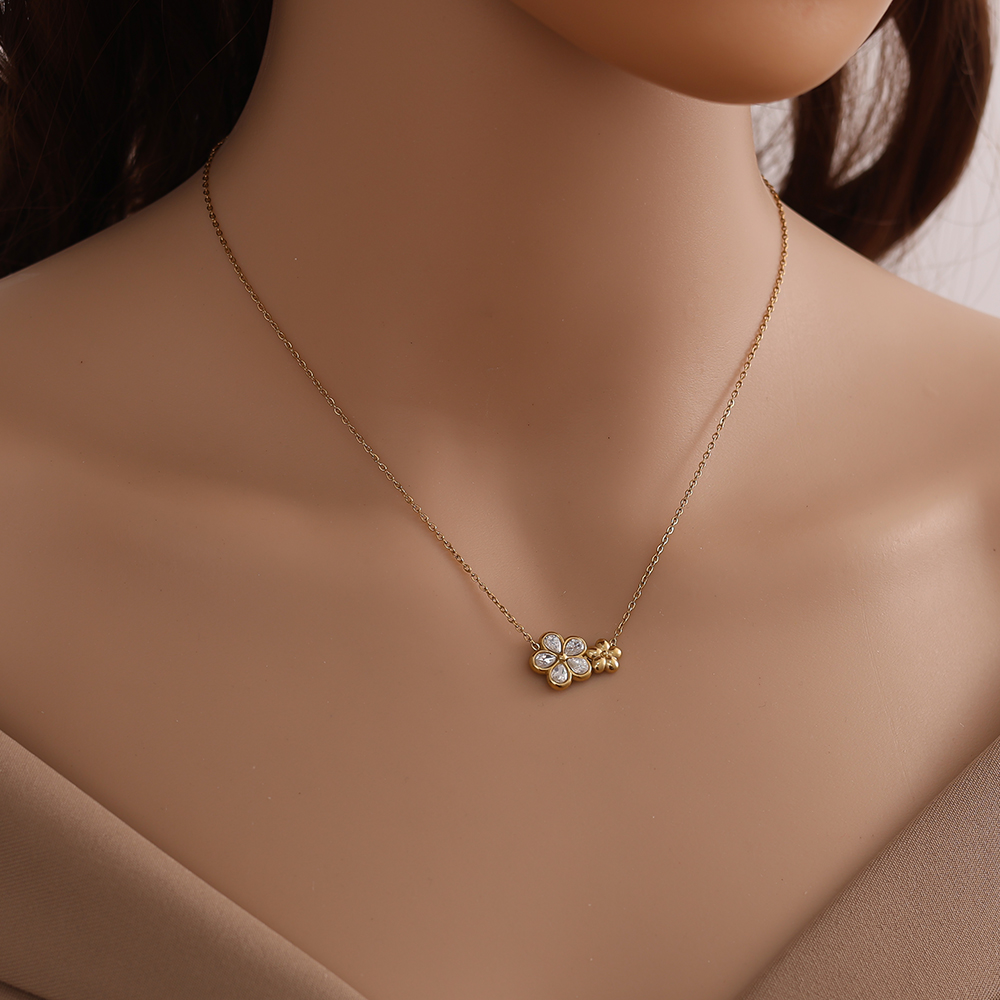 40cm Doppel Strassstein Blumen Edelstahl Halskette