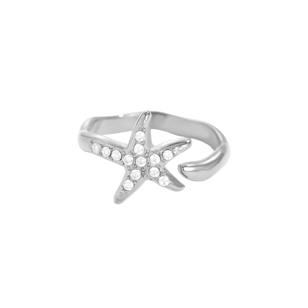 Verstellbarer Strass Seestern Edelstahl Ring 