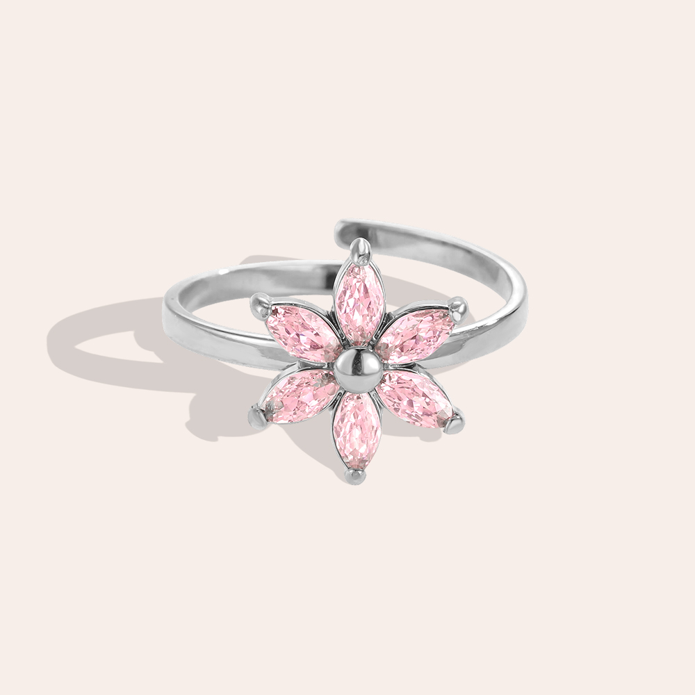 Edelstahl Ring Verstellbarer rosa Zirkonblume