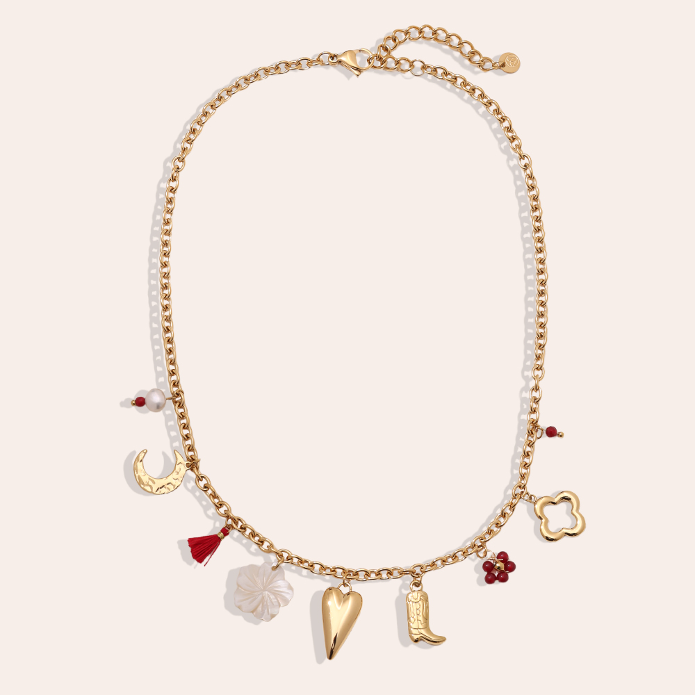 41cm Herz Stiefel Blume und Mond Edelstahl Halskette