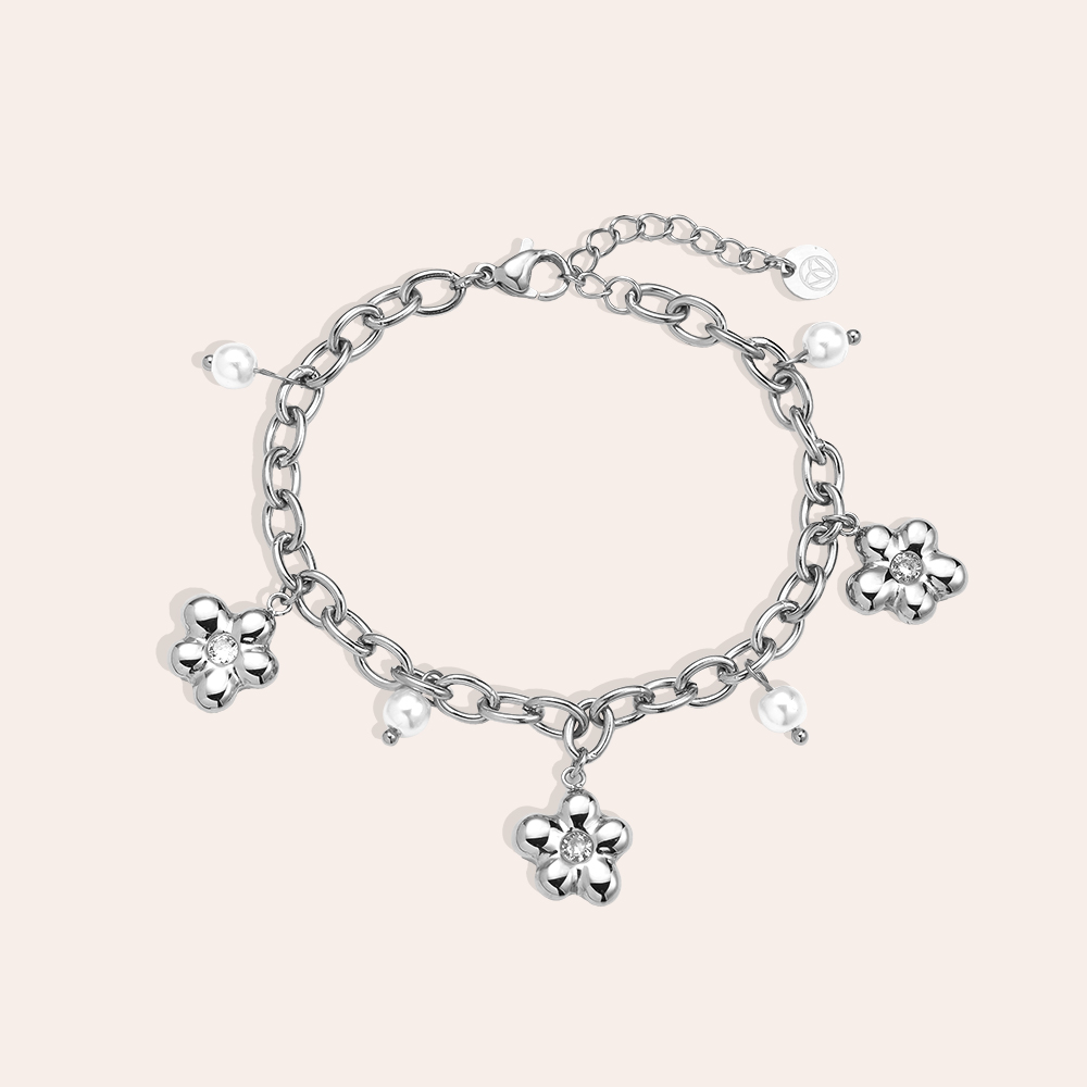 16cm Pearl Flower Diamond Edelstahl Armband