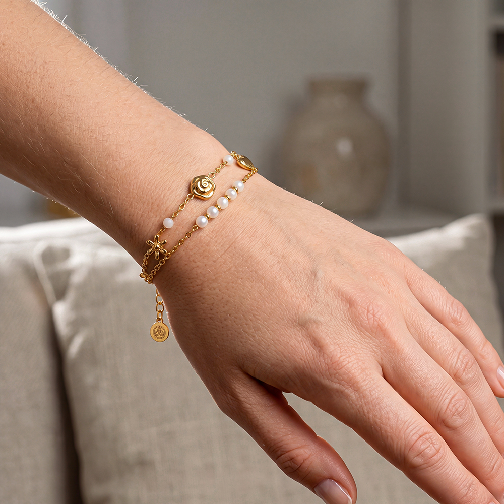 16.5cm Blume Rose Herz Perlen Doppelketten Edelstahl Armband