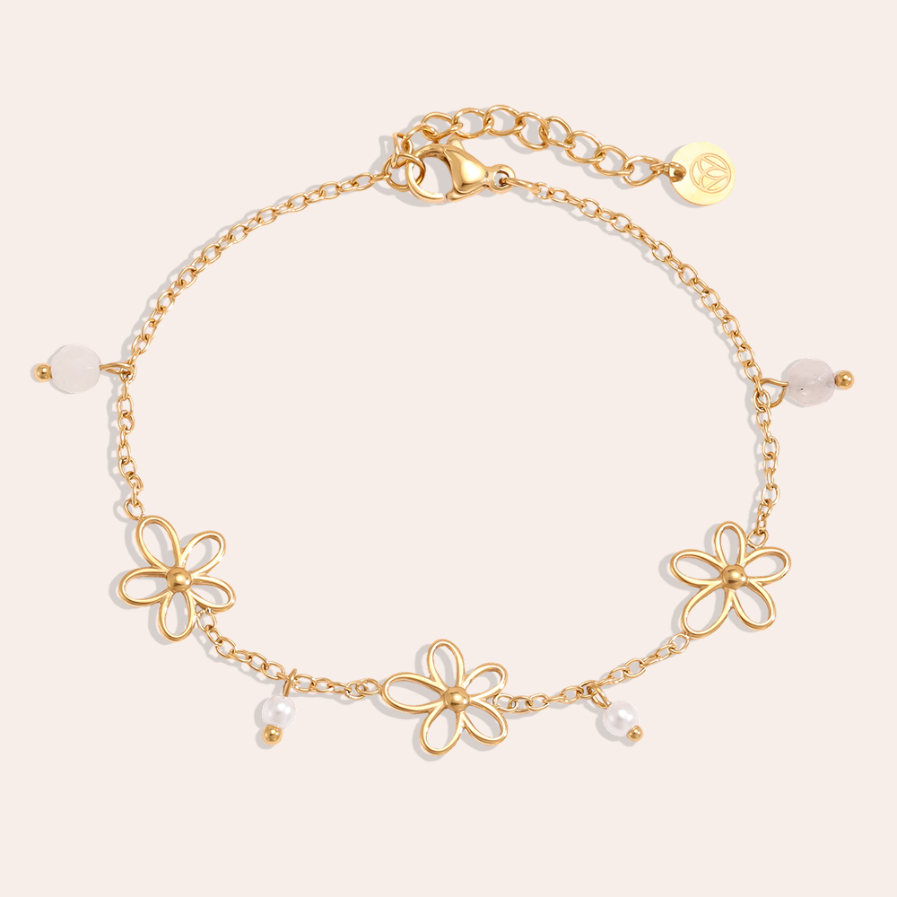 Edelstahl Armband 17cm Einfache Blumen und Perlen