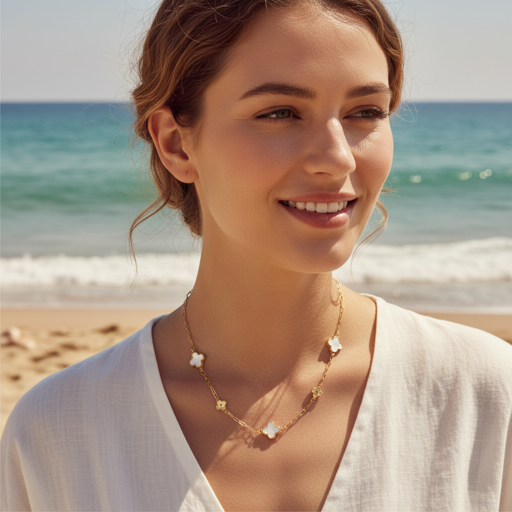 42cm Perlmutt Kleeblatt Edelstahl Halskette