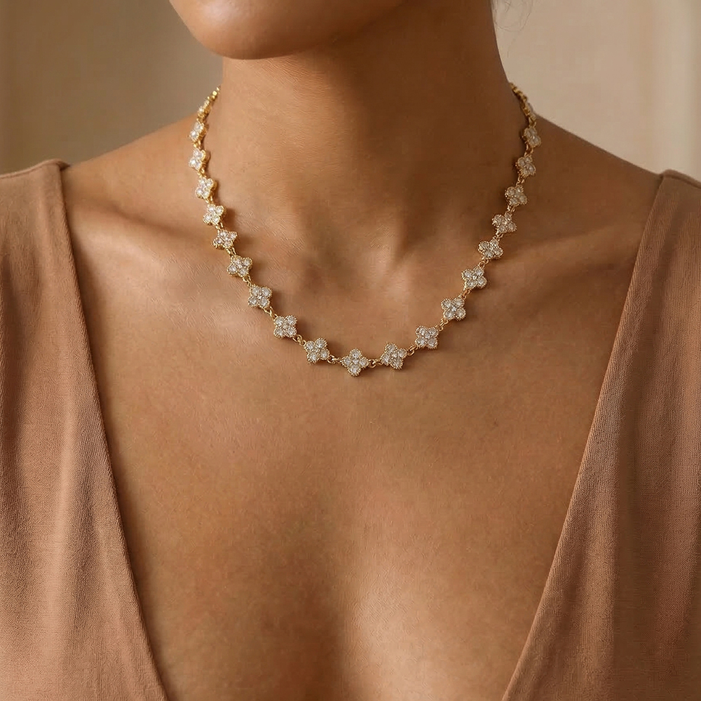 38cm Zirkonia Kleeblatt Edelstahl Halskette