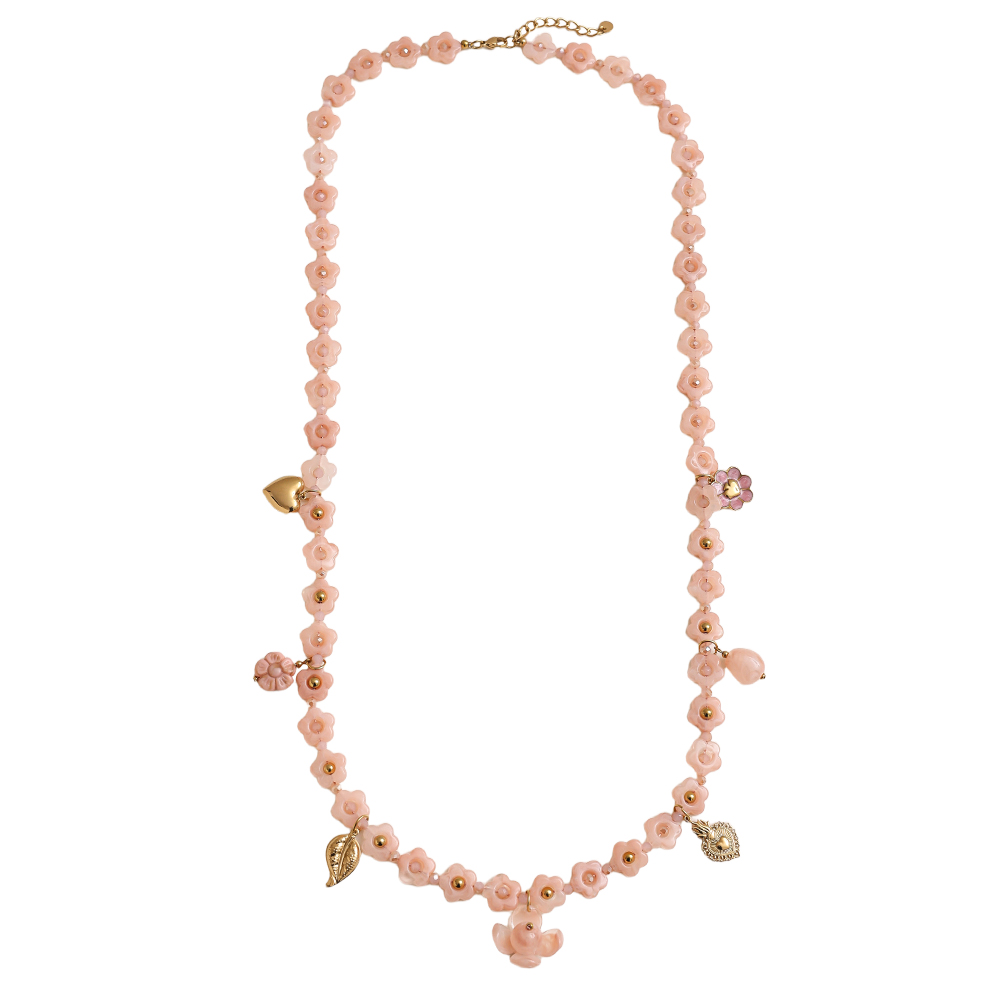 90cm Harzblumen-Kette mit Charms Edelstahl Halskette       