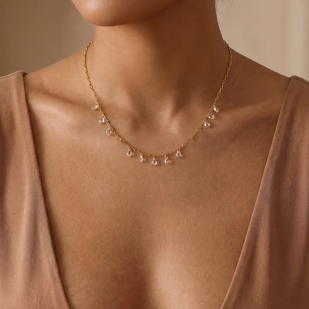 40cm Kristall Zirkonia Tropfen Edelstahl Halskette