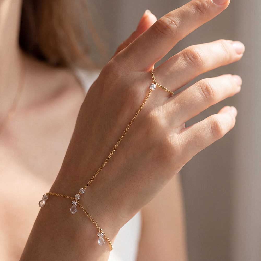 17cm Schöne Zirkone Handkette Edelstahl Armband     