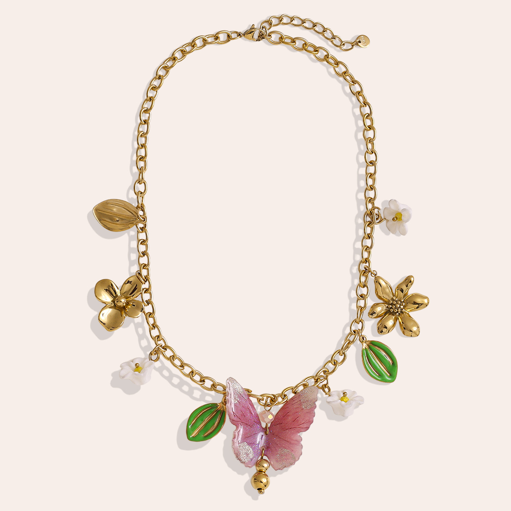 42cm Acryl Schmetterling Herz Blüten Edelstahl Halskette 