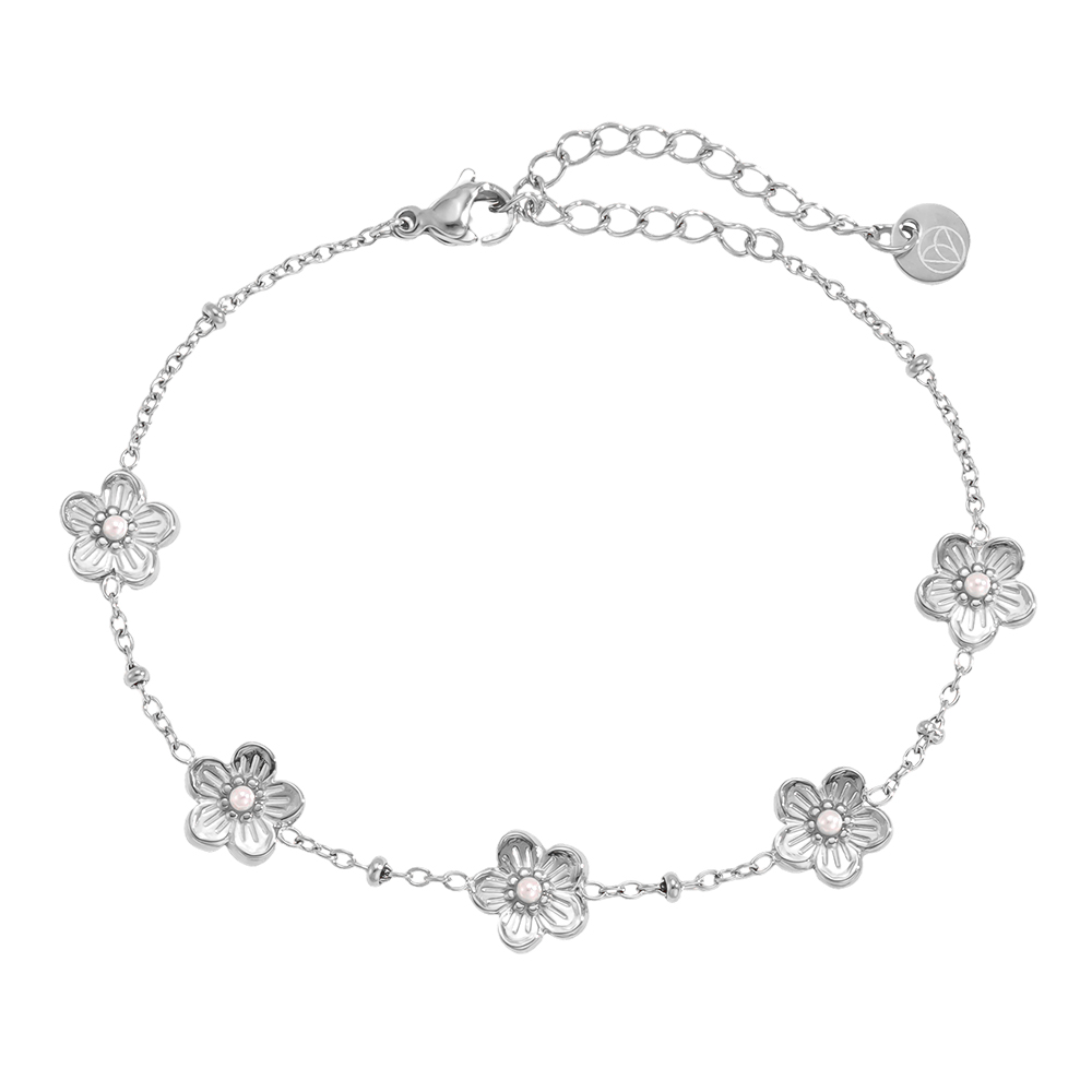 Edelstahl Armband 17cm Fünf Blumen mit kleinen Kunstperlen