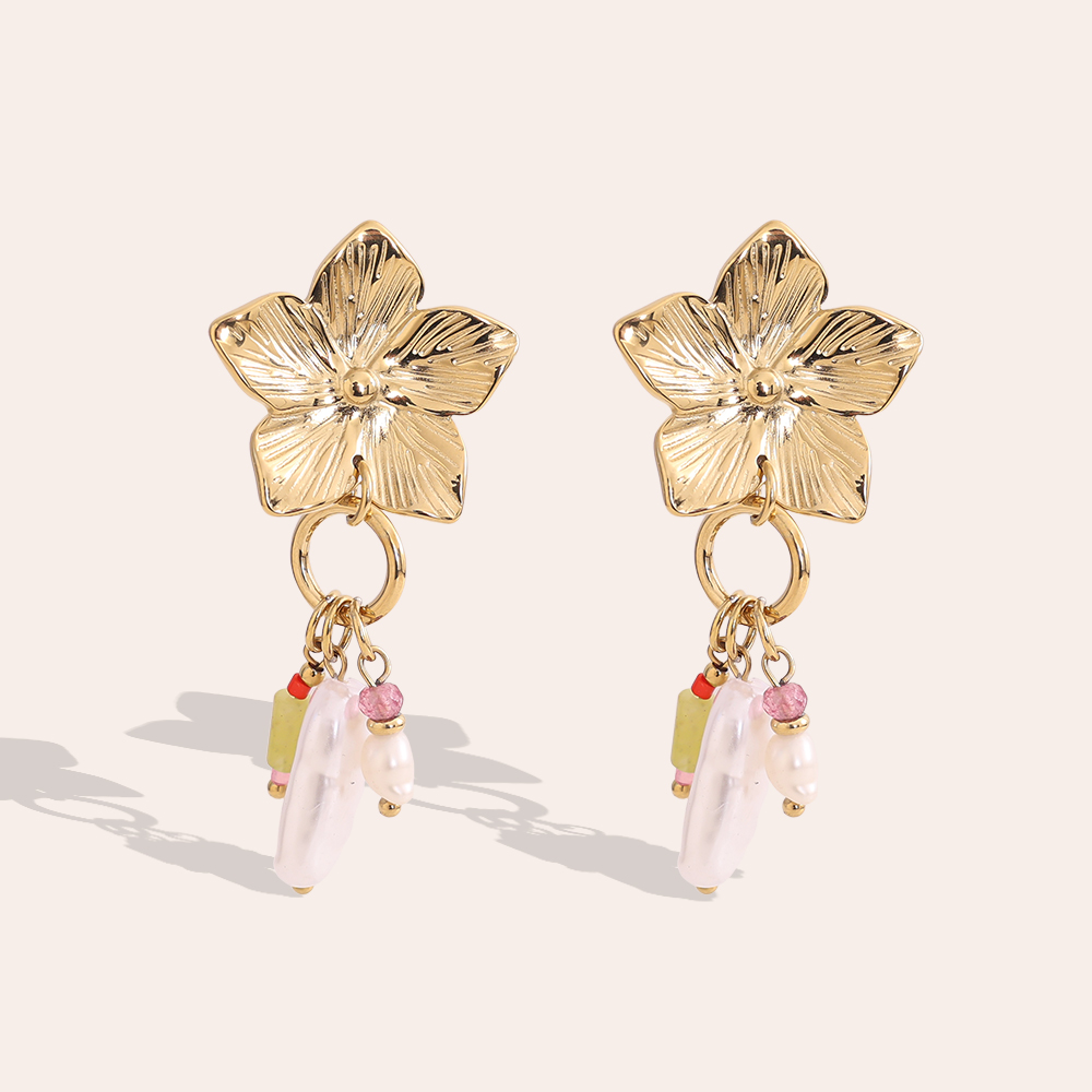 50mm Blüten Süßwasserperlen und Naturstein Edelstahl Ohrringe