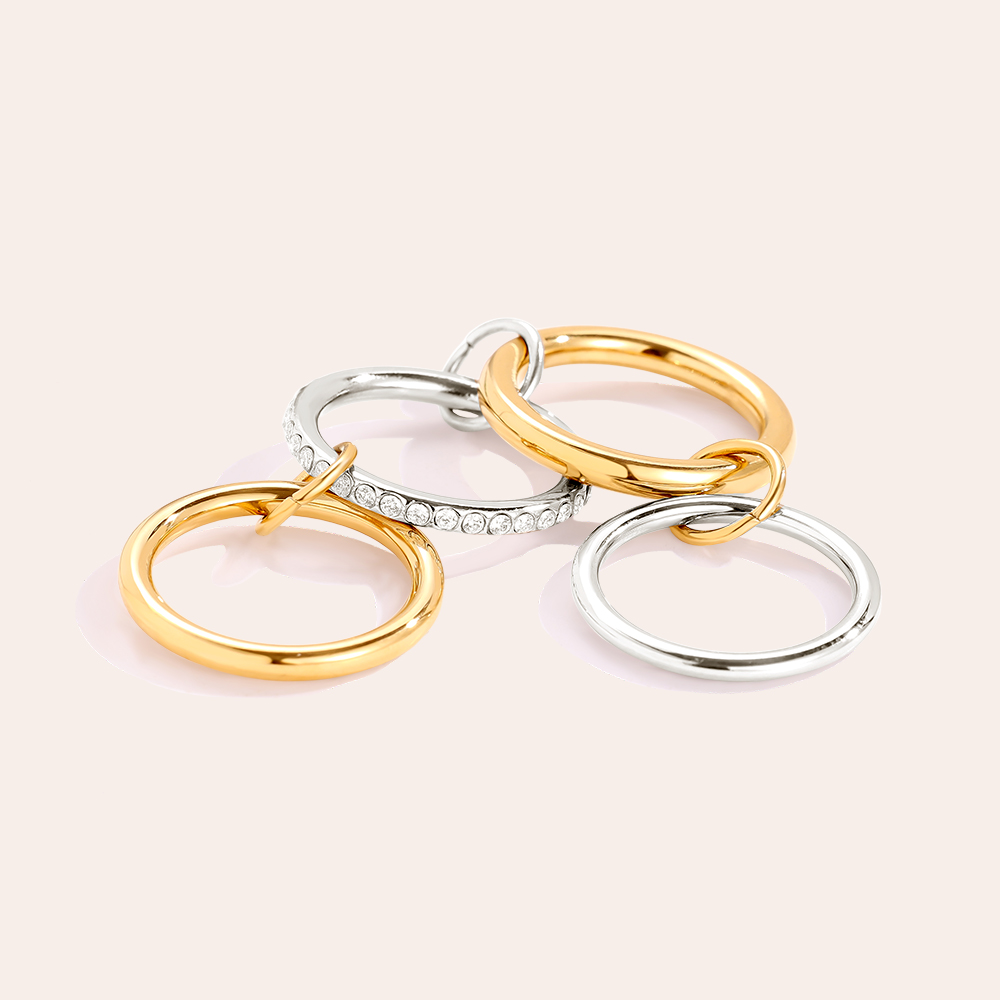 Four Layer Gold And Silver Diamond Ring Set Edelstahl Ring      