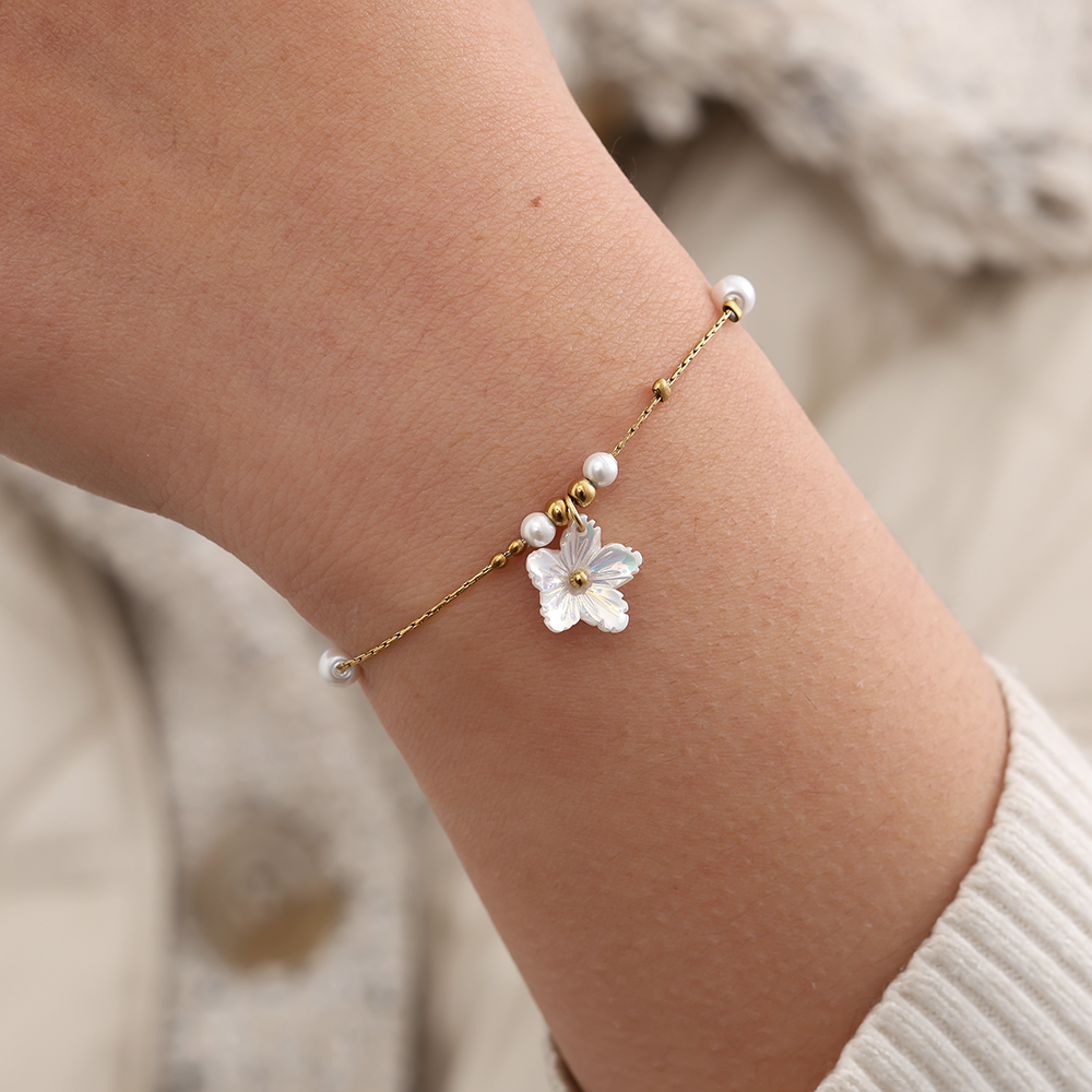 17cm Pearl Dots And Flower Edelstahl Armband   