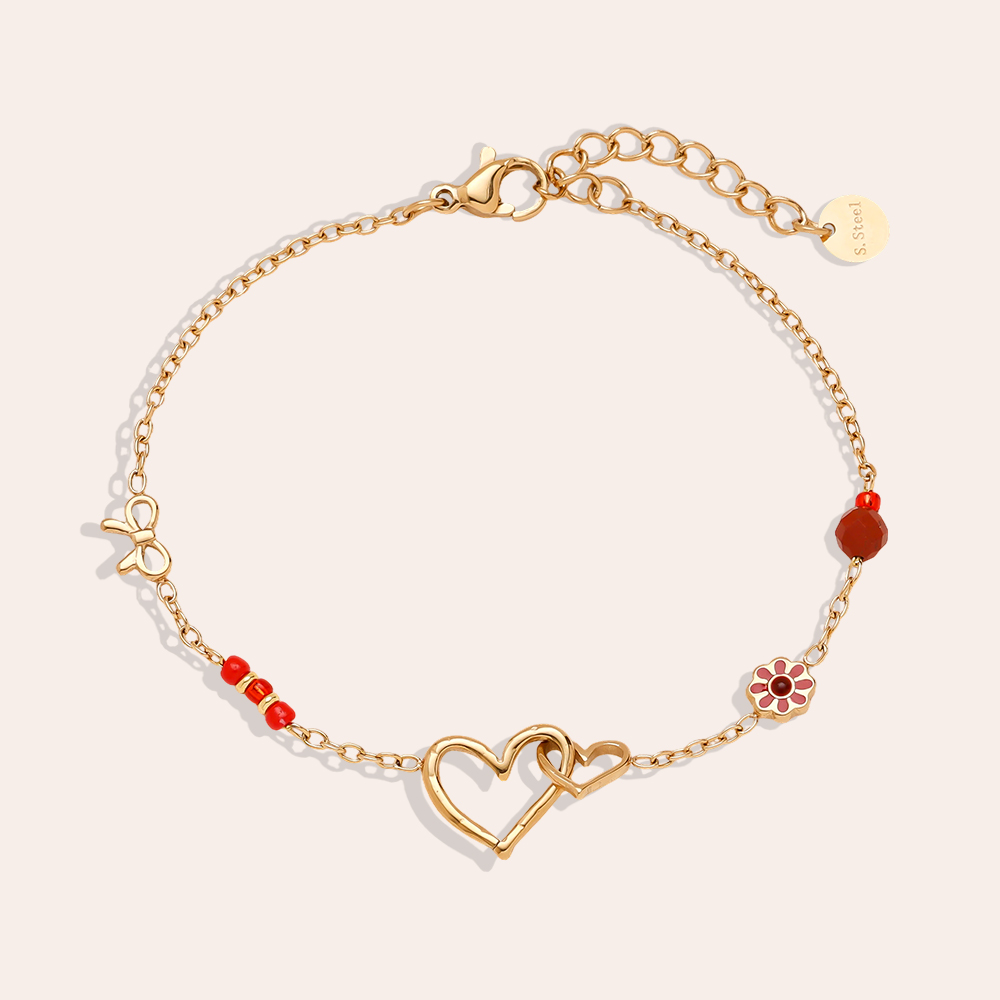 17cm Herz Schleife und rote Blume Edelstahl Armband    