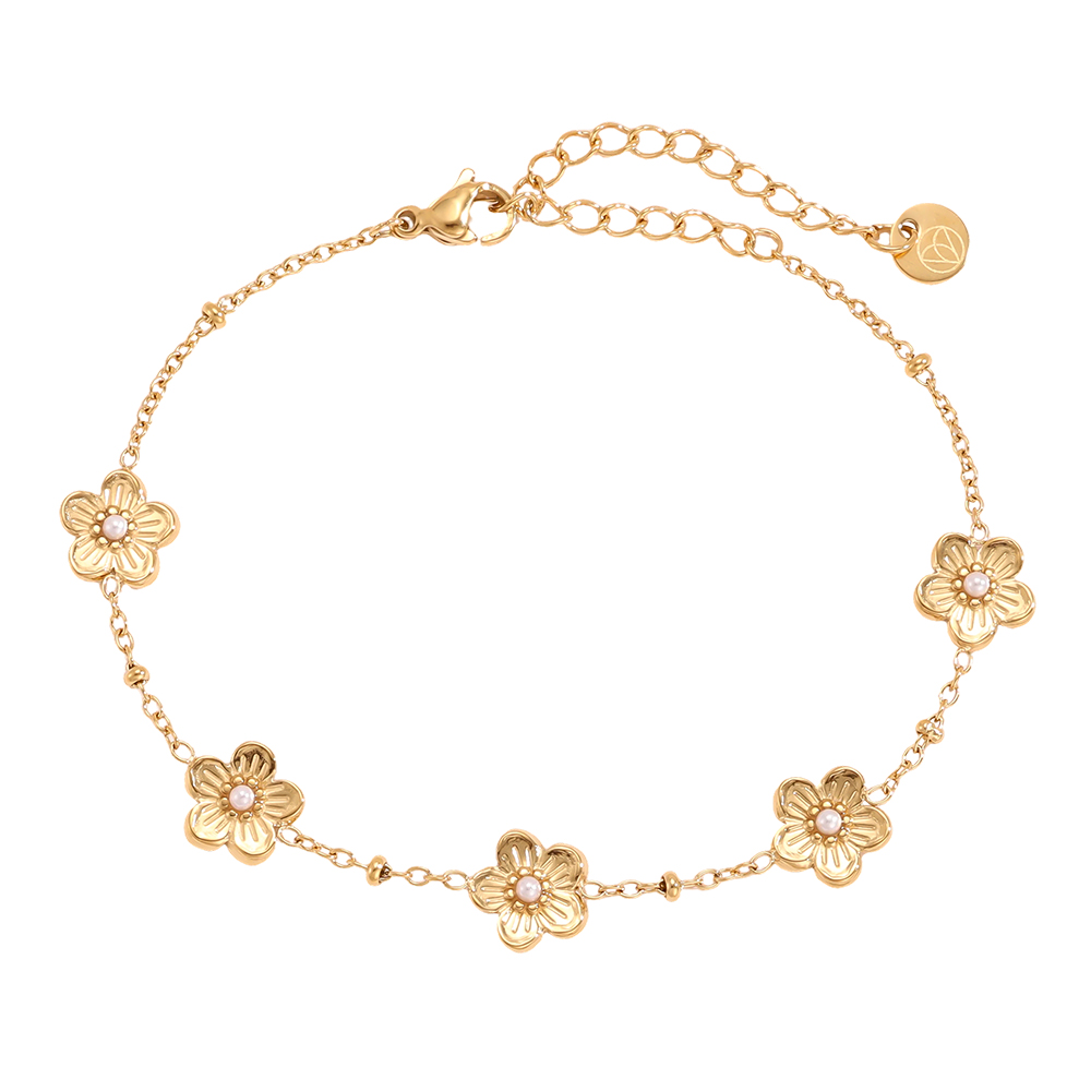 Edelstahl Armband 17cm Fünf Blumen mit kleinen Kunstperlen
