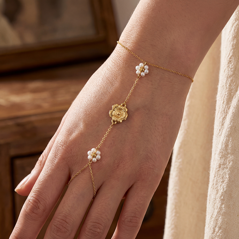 17cm Perlenblume Handkette Edelstahl Armband    