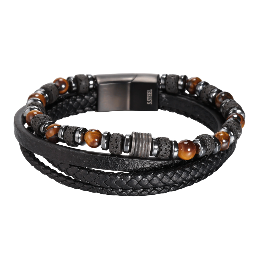  Edelstahl Armband PU Braid Multilayered  Natural Stone