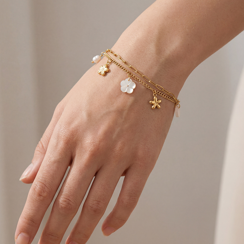 Edelstahl Armband 17cm zweireihiges mit Blumen und Perlen 