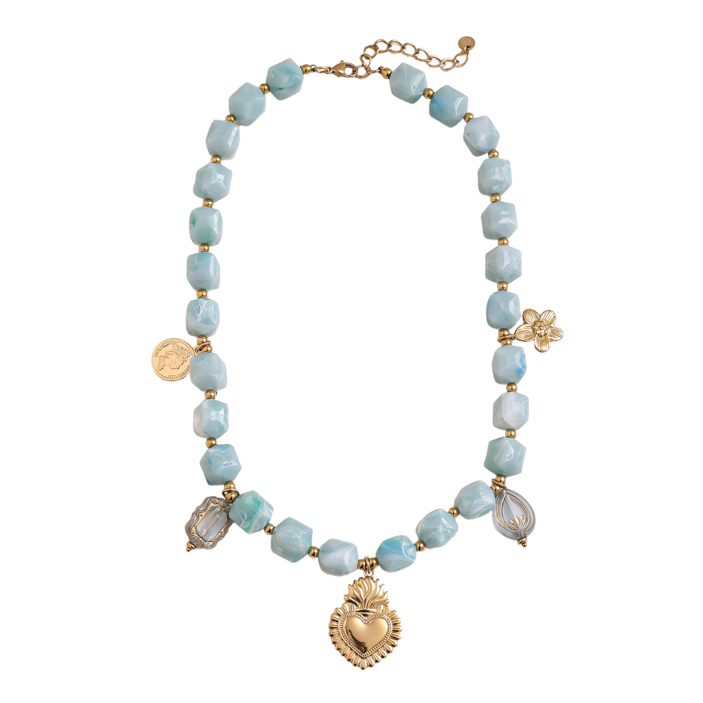 45cm Kettchen mit kleinen Acrylwürfeln und goldenen Blume, Herz Edelstahl Halskette  