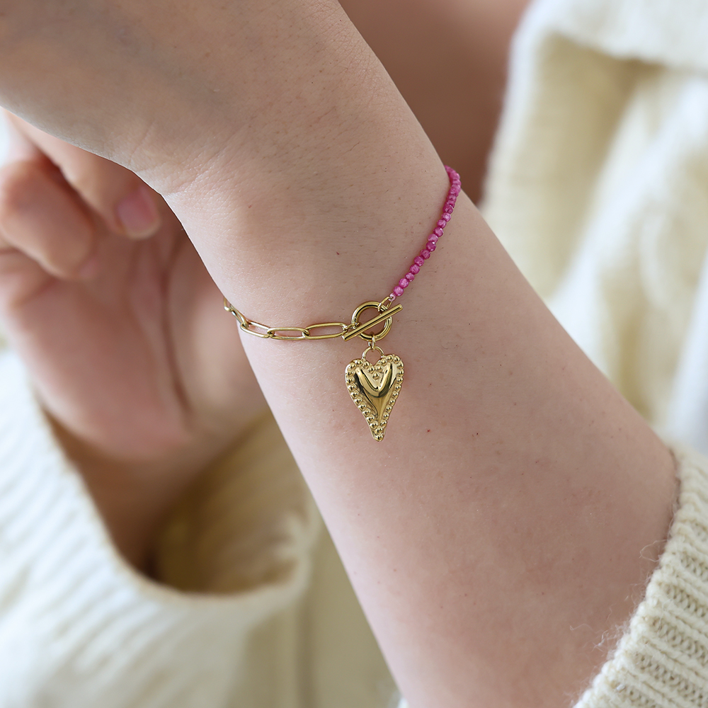 16cm Farbige Beads Herz Edelstahl Armband