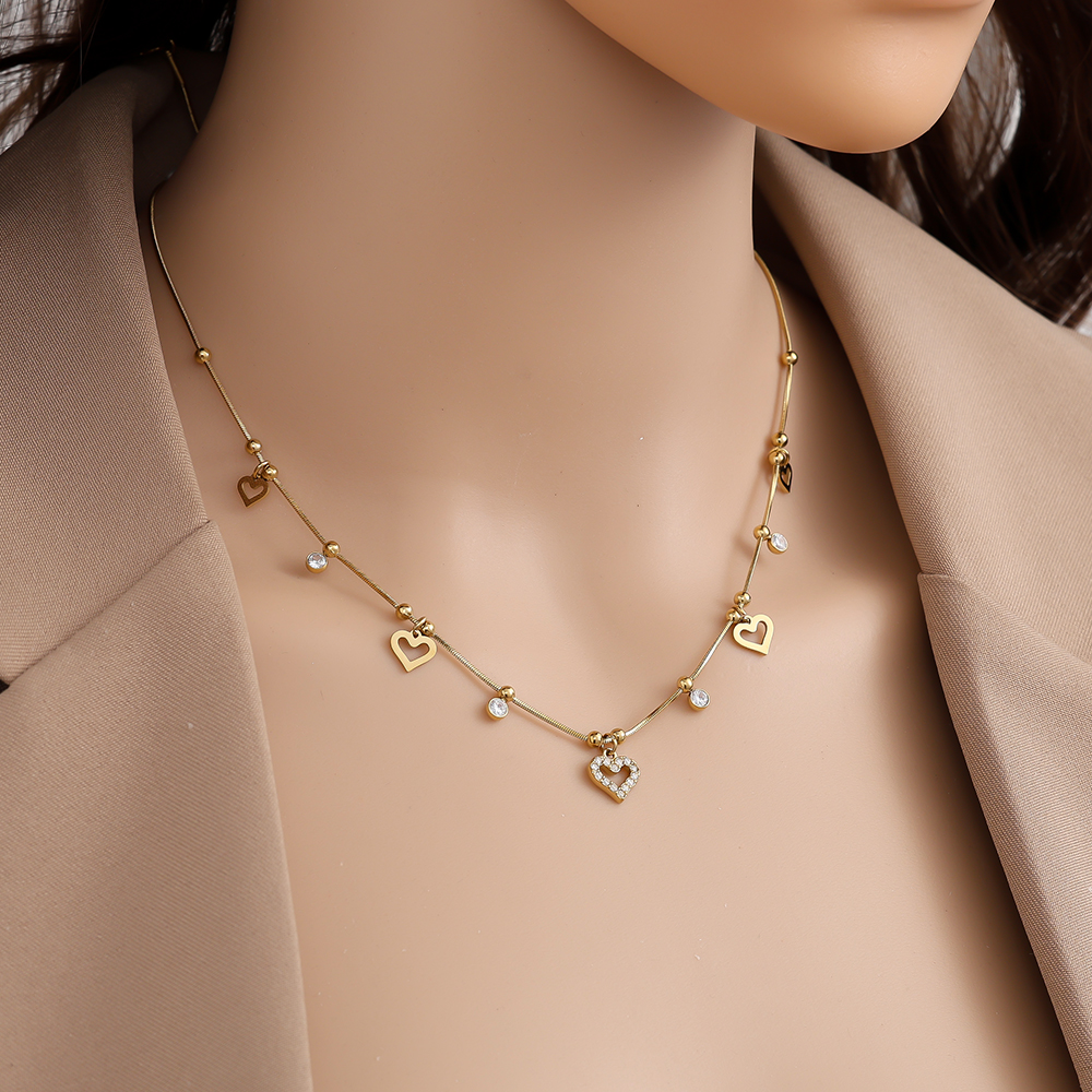 42cm Heart And Diamond Heart Edelstahl Halskette      