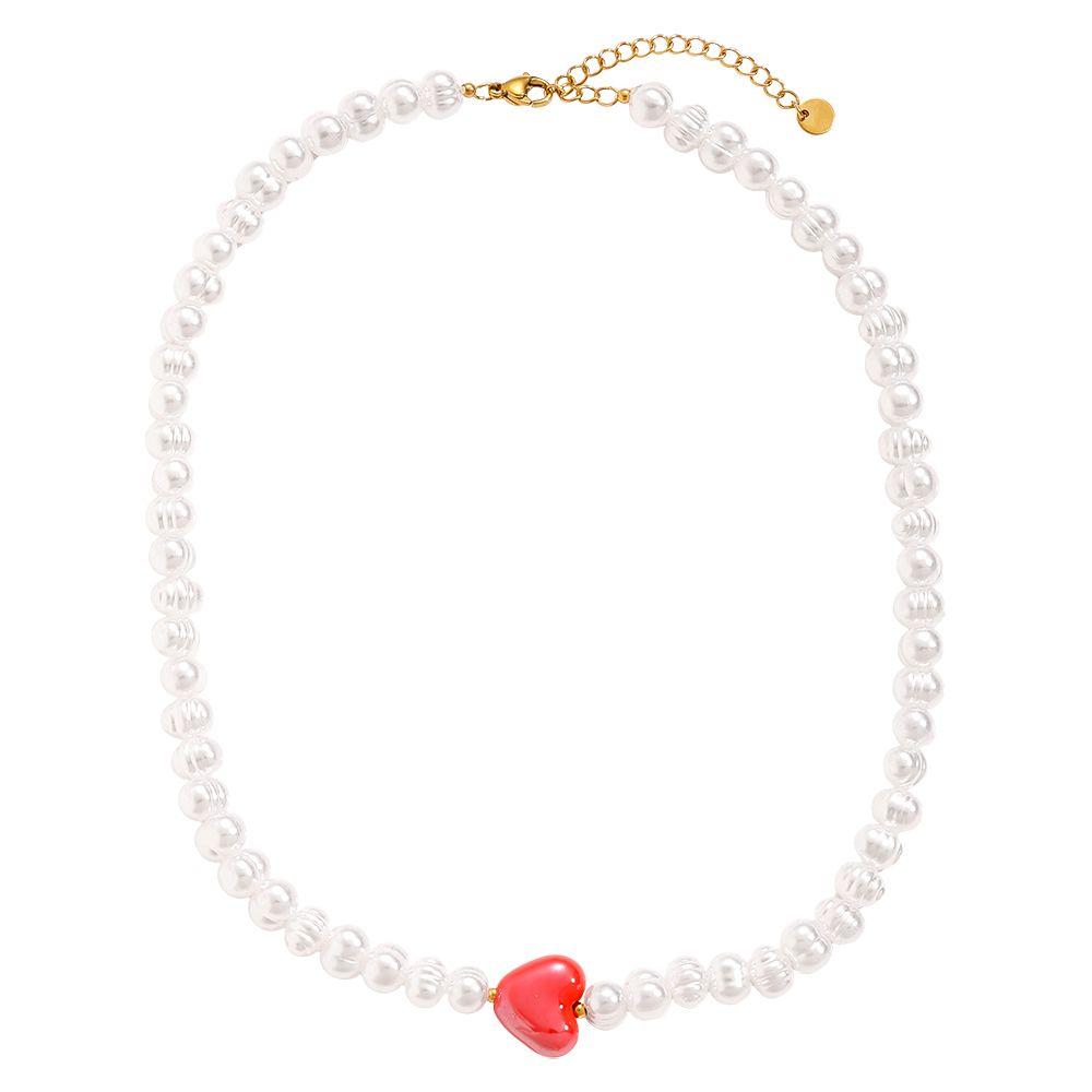 41cm Red Heart In Big Pearl Chain Edelstahl Halskette   